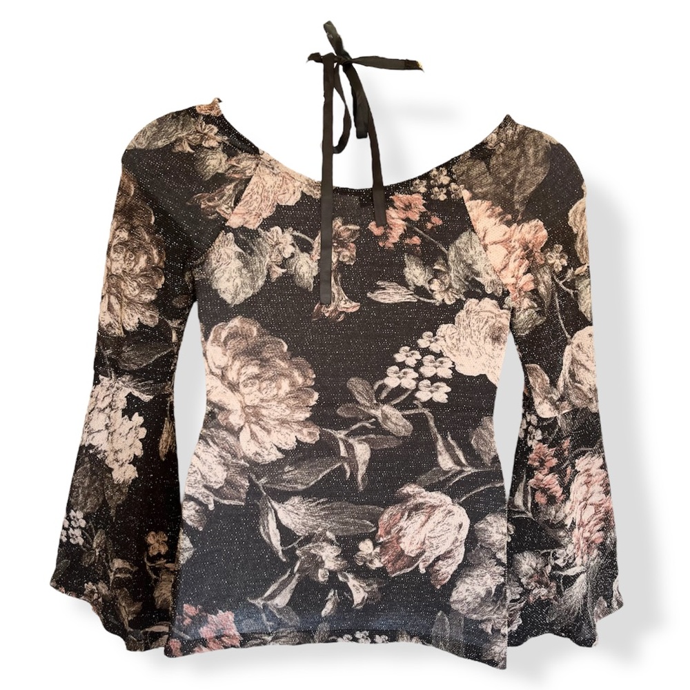 Venus Floral Metallic Caged Halter Top Bell Sleeves Black Gold Size Medium - Picture 11 of 15